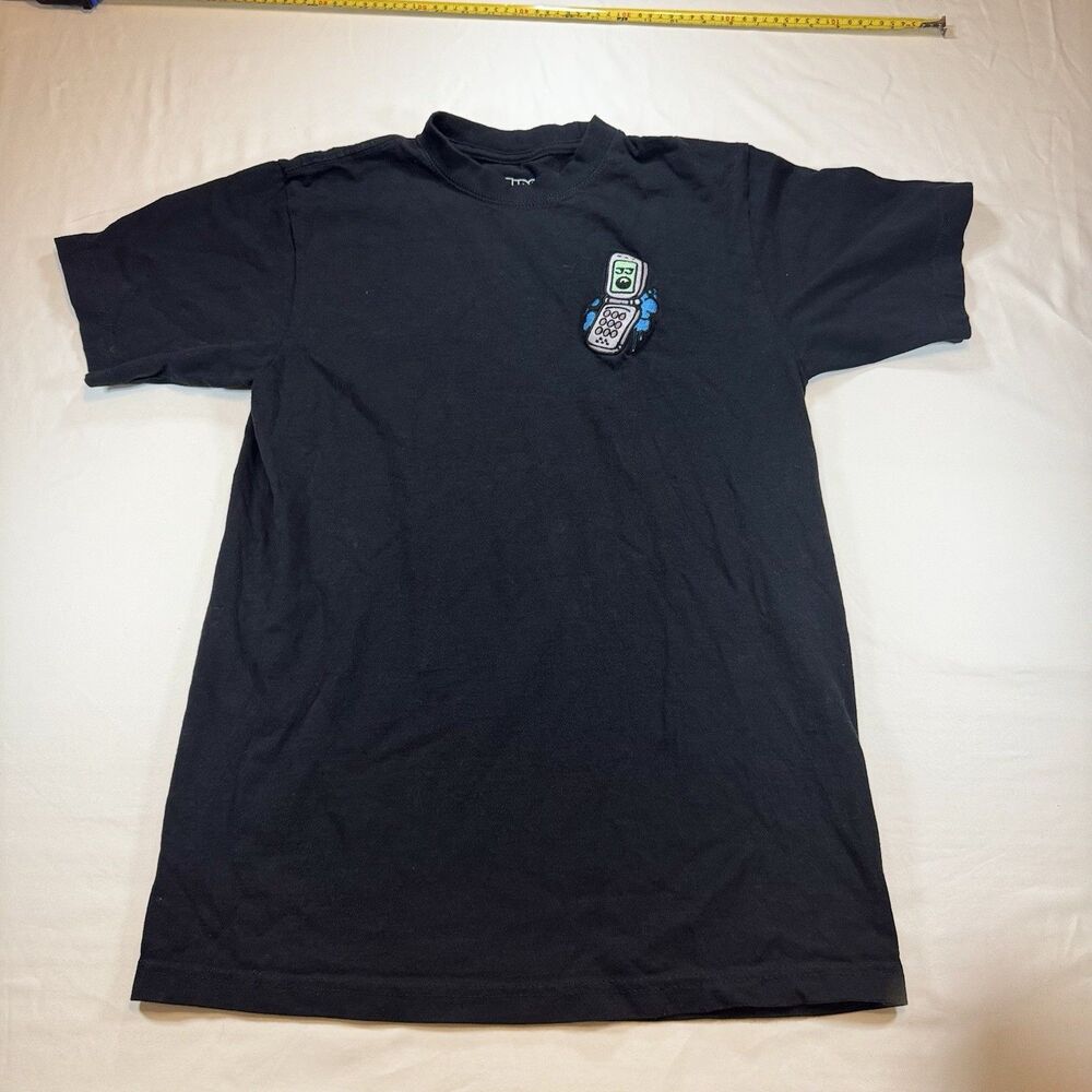 Empyre Flip Phone Graphic T Shirt Black Embroidered Patch Streetwear Y2K
